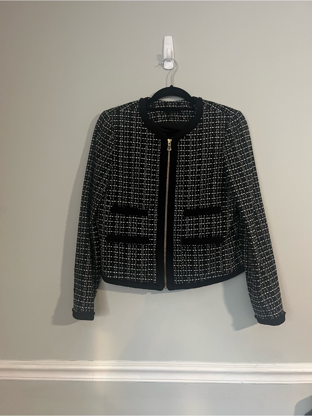 Ann Taylor Black White Grid Tweed Zip Front Jacket Blazer Size 6